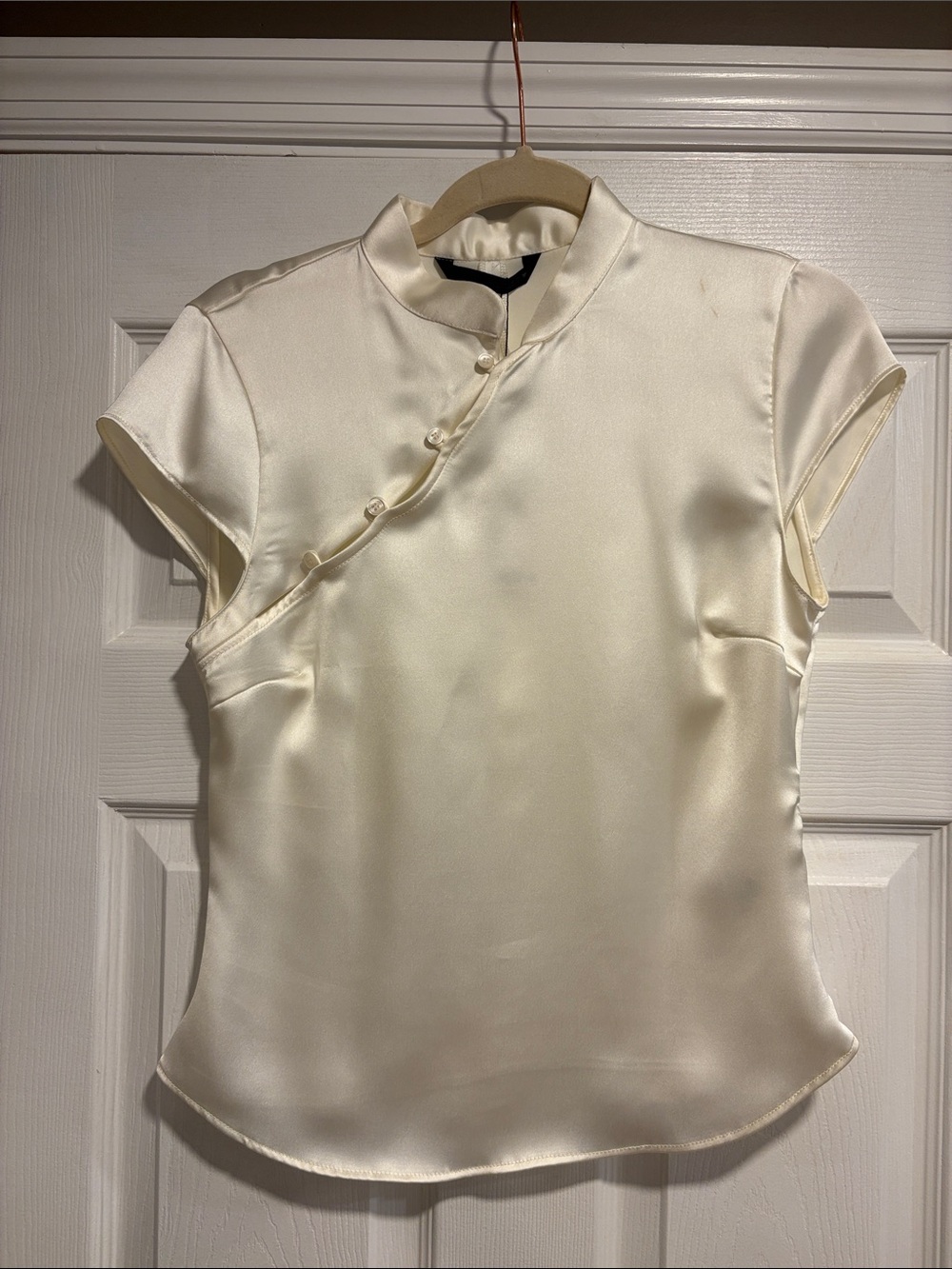 Zara Satin Ivory Mandarin-Collar Cap-Sleeve Blouse